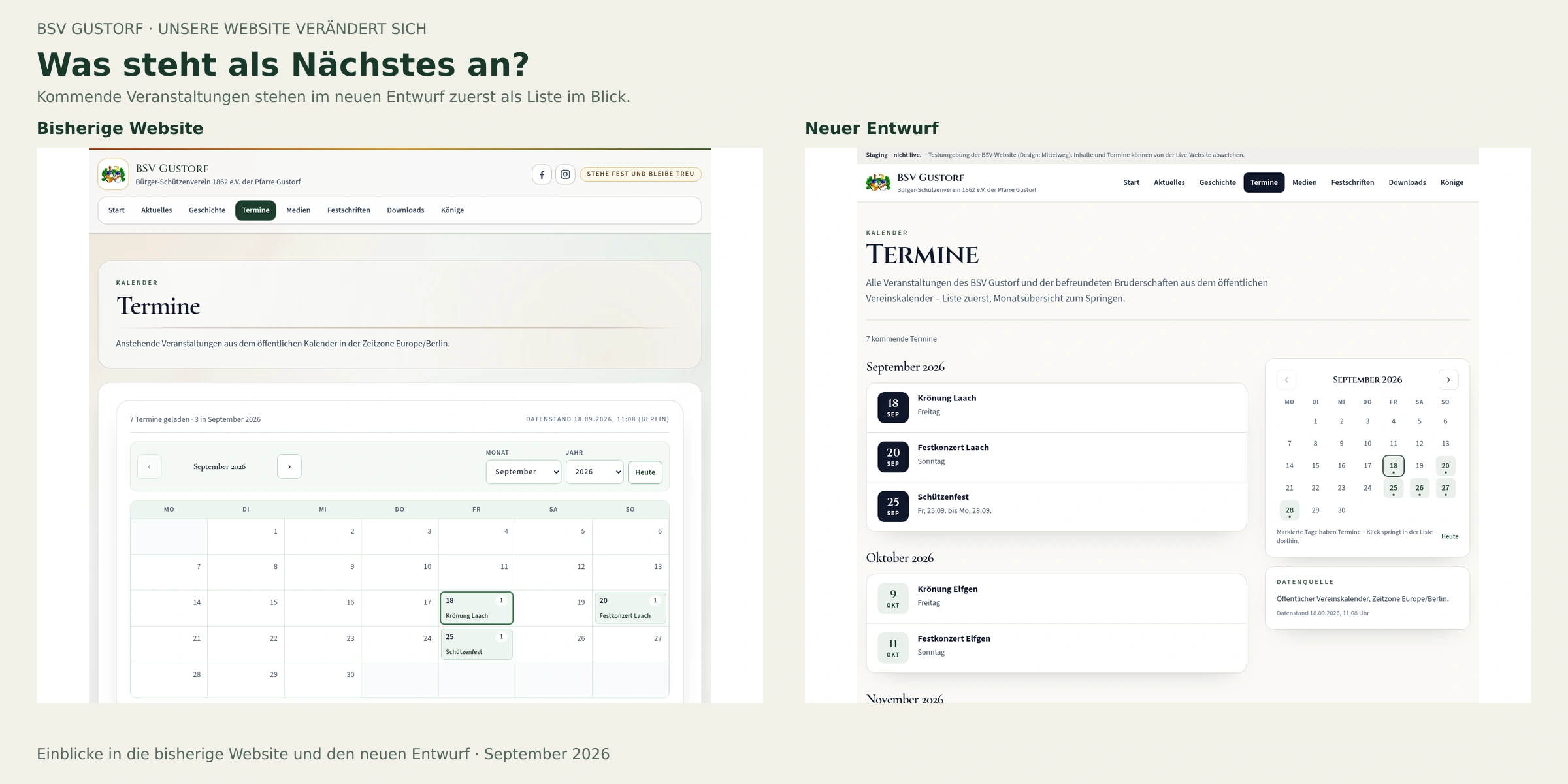 Terminvergleich: bisher eine große Monatsübersicht, im neuen Entwurf eine Liste kommender Veranstaltungen mit kleinerem Monatskalender daneben.