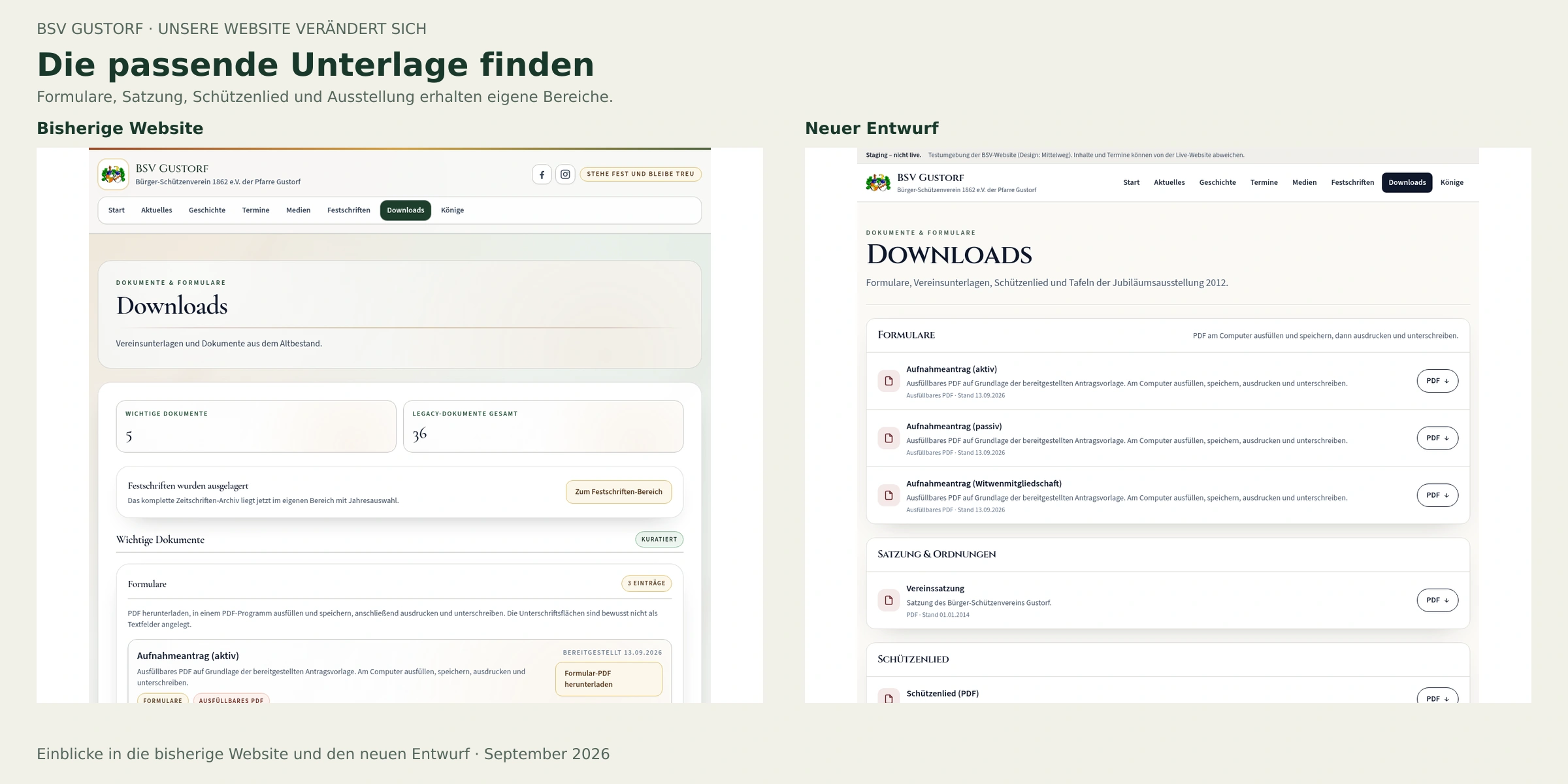Die Downloadseite bisher mit allgemeinen Kennzahlen und im neuen Entwurf mit klar benannten Dokumentbereichen.