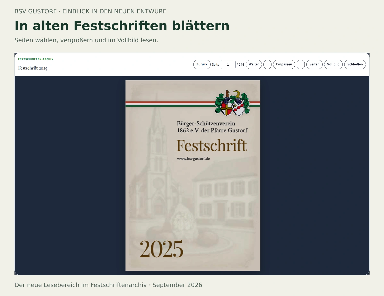 Der neue Lesebereich zeigt die Festschrift innerhalb des Archivs mit Werkzeugen zum Blättern, Vergrößern und Auswählen einer Seite.