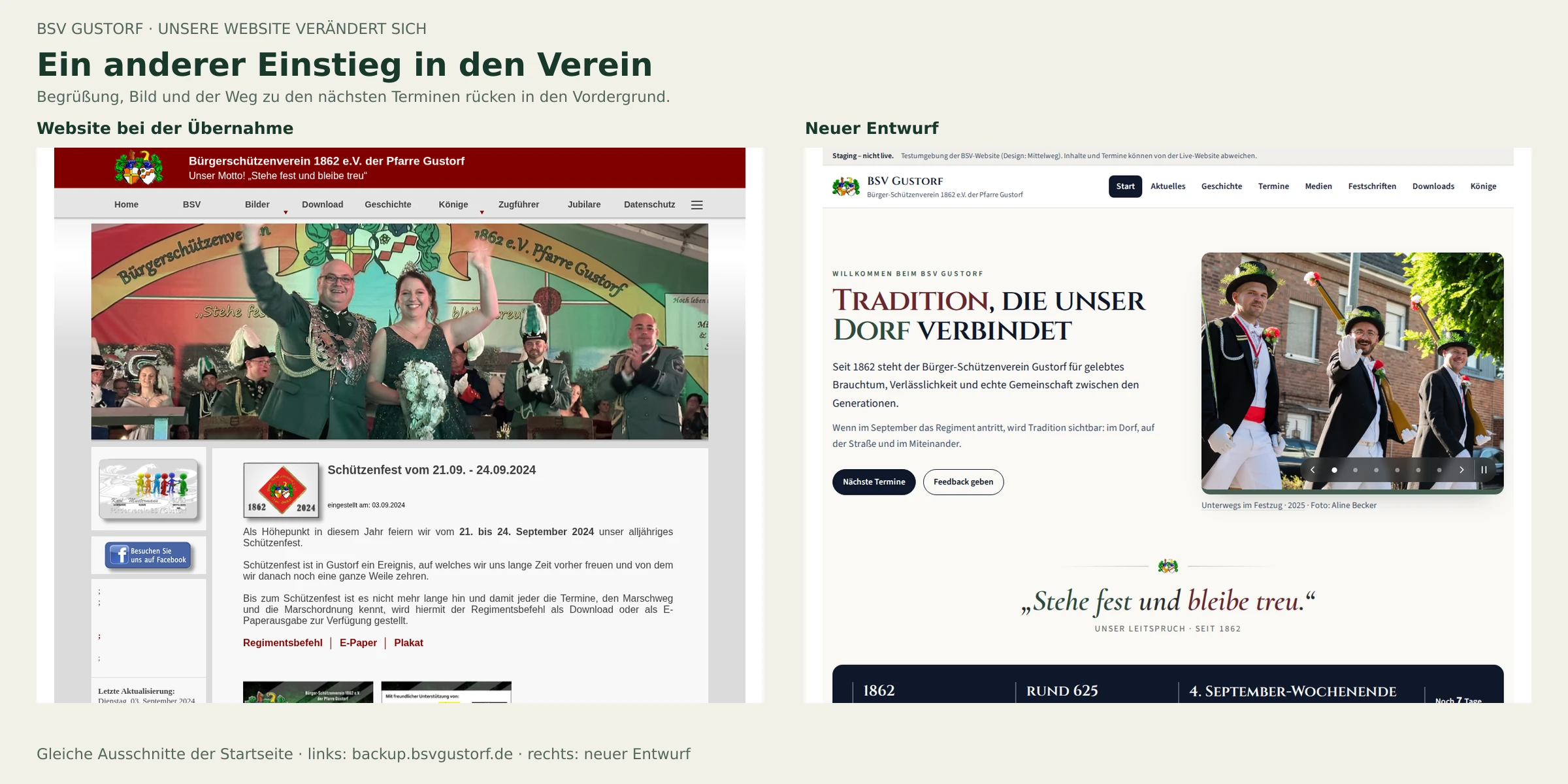 Die Startseite bei der Übernahme mit rotem Kopf, großem Königspaarfoto und Meldungsspalte neben dem neuen Entwurf mit Begrüßung und Vereinsfoto.