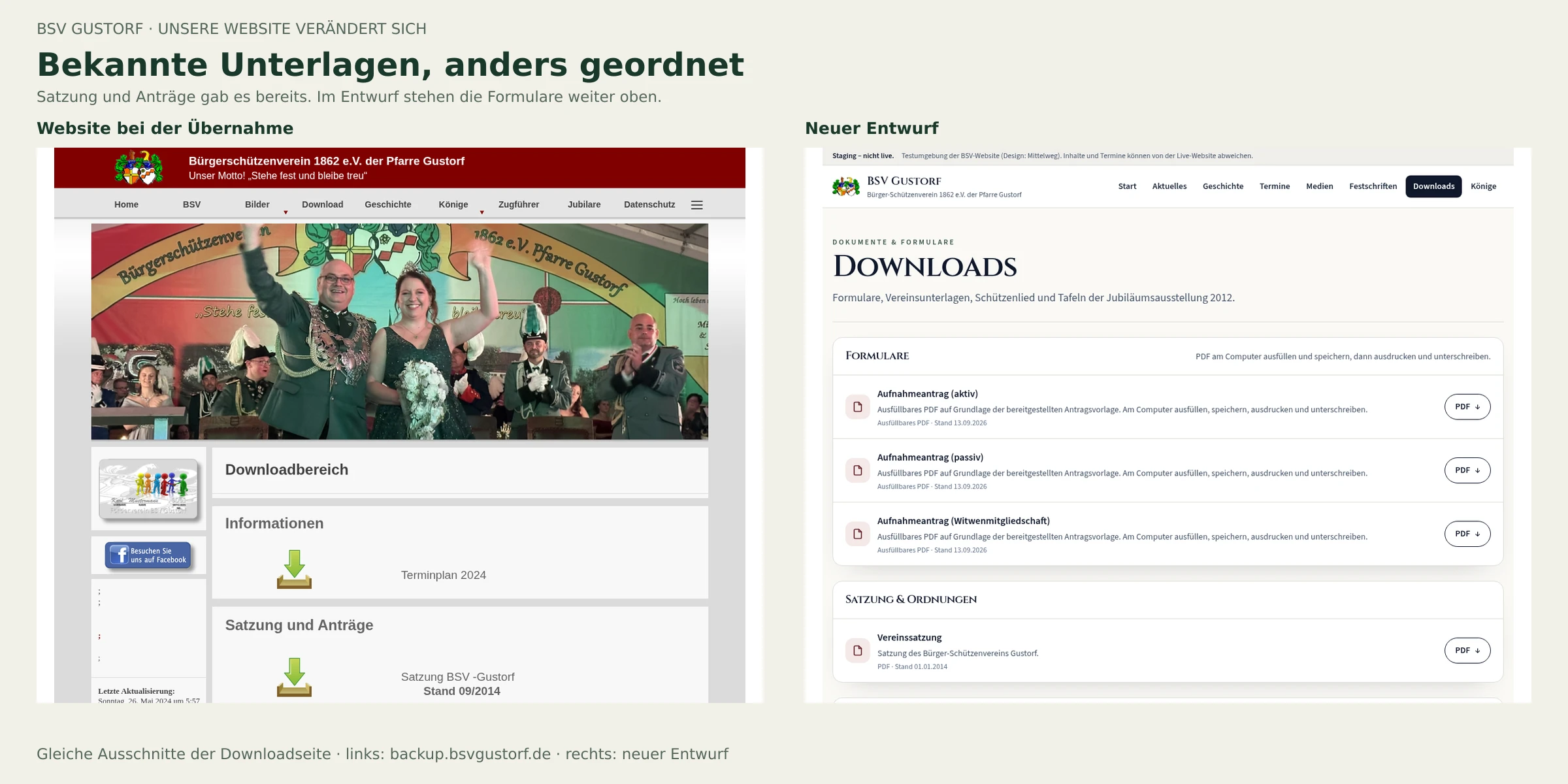 Die alte Downloadseite mit großem Titelbild und der neue Entwurf, in dem die Formularzeilen unmittelbar auf die Seiteneinführung folgen.